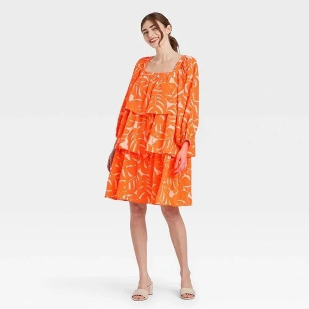 Who What Wear Womens Orange Palm leaf Ruffle Balloon Long Sleeve Dress XS EUC